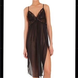 In Bloom by Jonquil Black Lace Chemise Lingerie, Sheer, Long Babydoll Nightgown